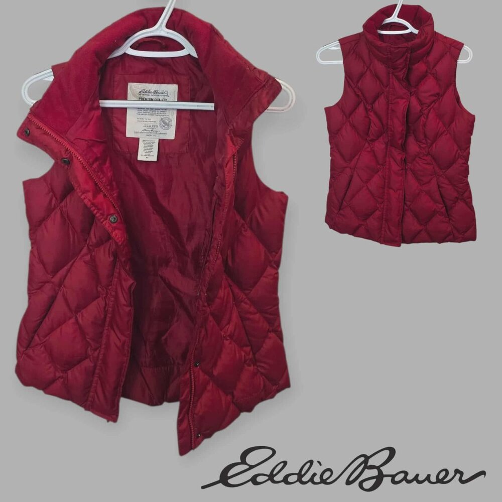 Eddie Bauer Red Quilted Goose Down Ful Zip Vest Jacket Womens XS